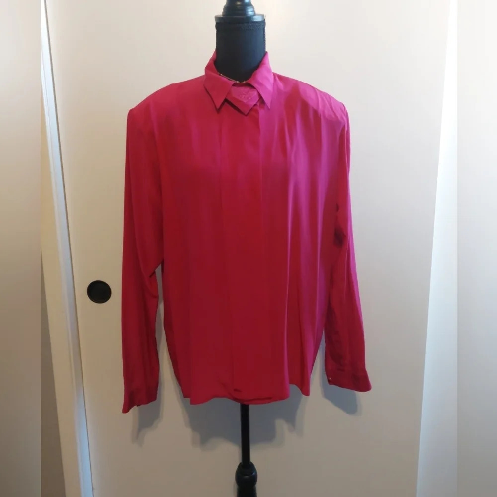 Vintage 80s 90s Silk Anne Klein Blouse Top shirt Embroidery Button front Pink 14